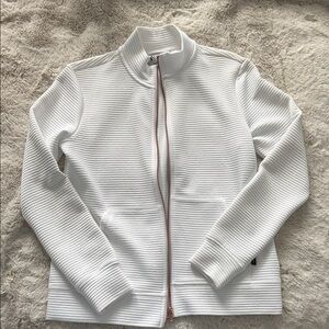 Skechers White Ribbed Zip-Front Bomber Jacket with Rose Gold Zip